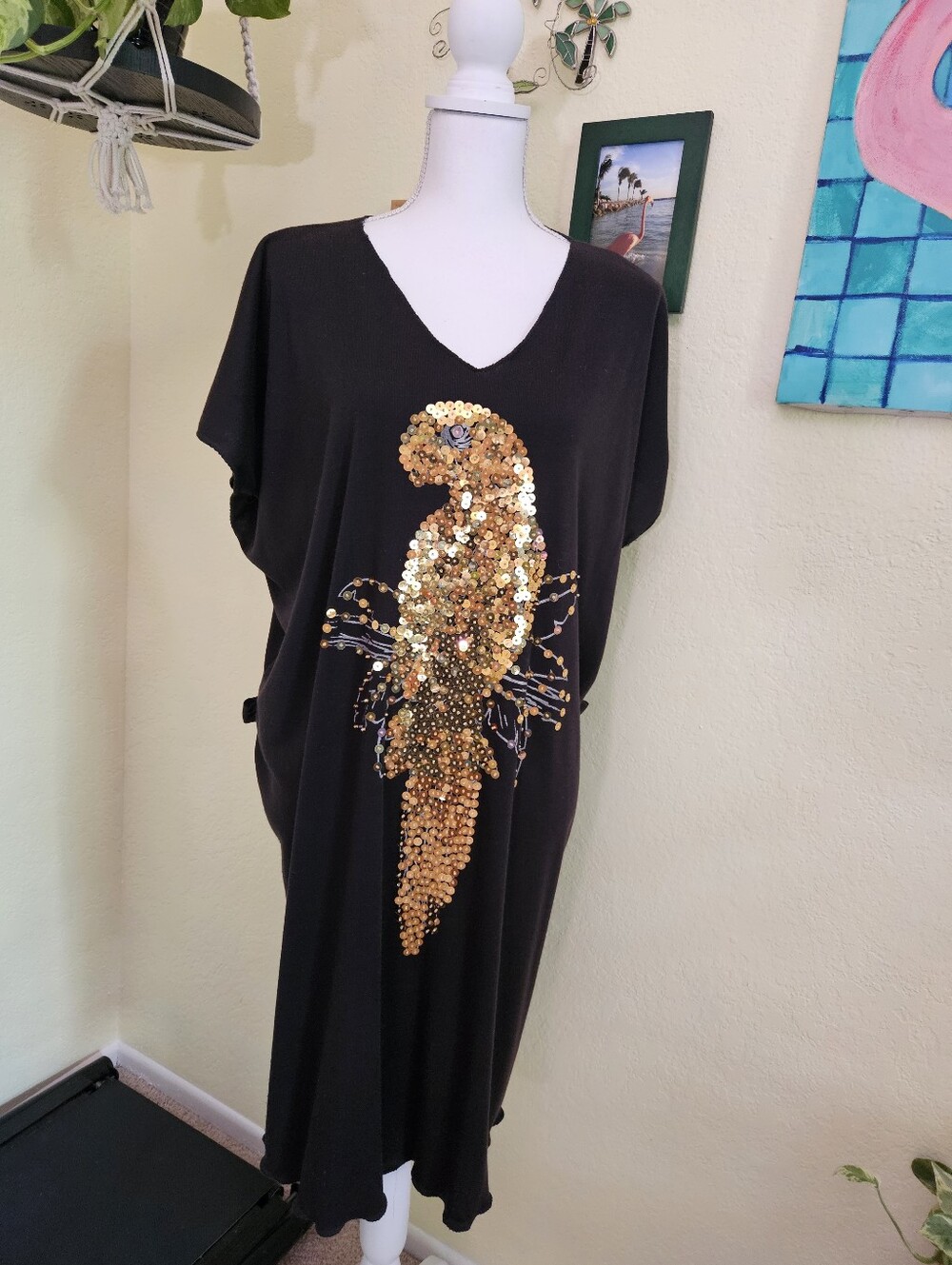 Vintage black caftan dress - Gold sequin parrot - one size